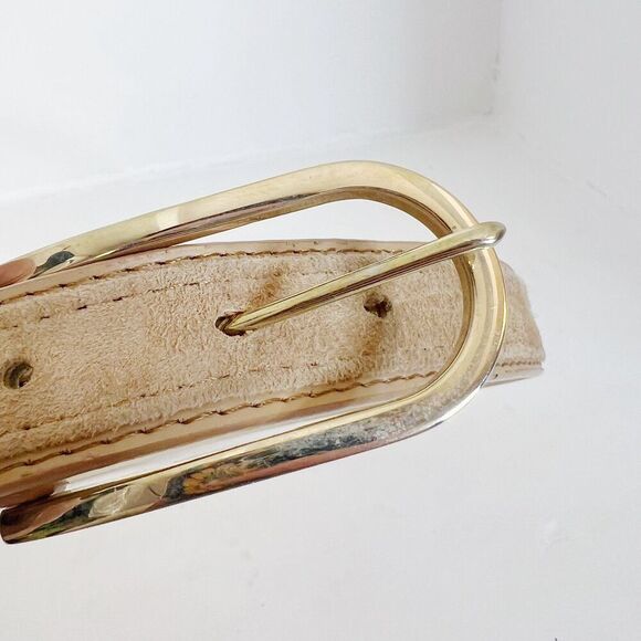Vintage Tan Suede Leather Belt Gold Buckle Size M Western Country Boho - Picture 2 of 6